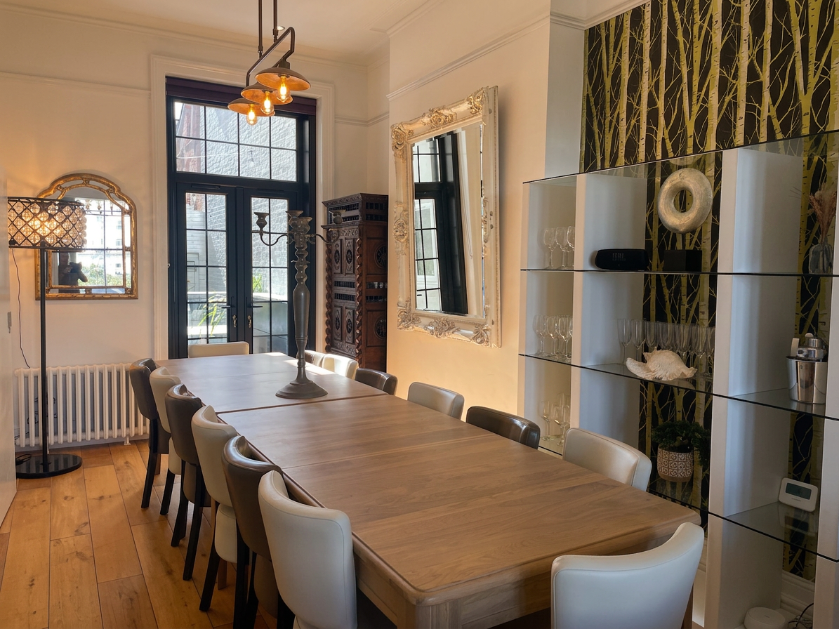 Hastings House dining room set for a large group, antique cabinet and glass display shelving
