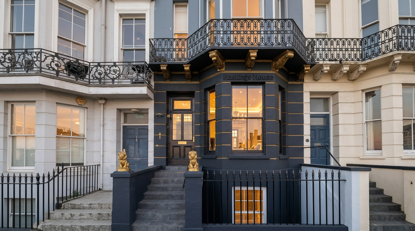 Hastings House exterior — restored seafront townhouse with gold detailing, St Leonards-on-Sea