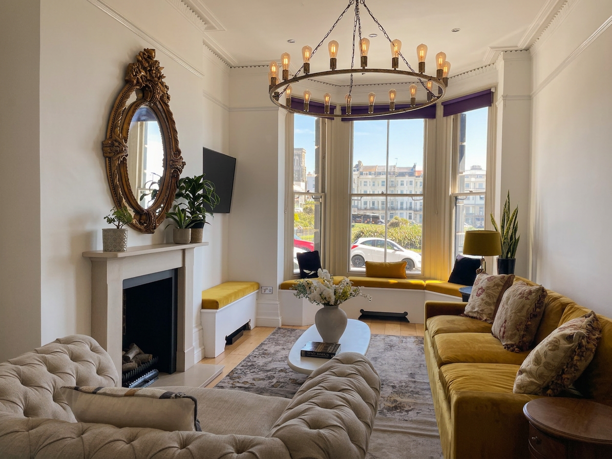 Hastings House — luxury lounge with mustard velvet sofas and sea-view bay window, East Sussex