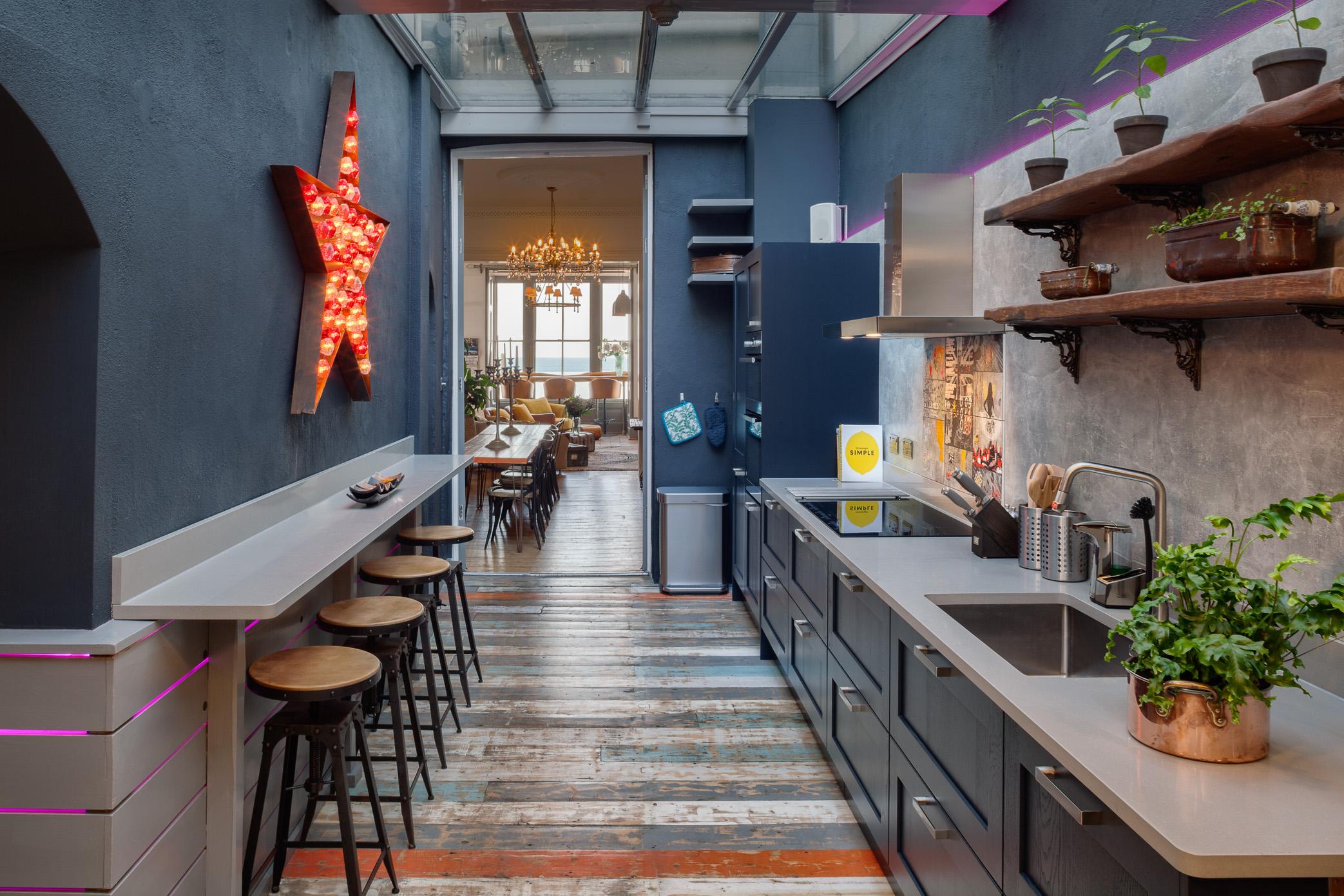 Zanzibar House — dramatic blue kitchen with glass roof, St Leonards-on-Sea